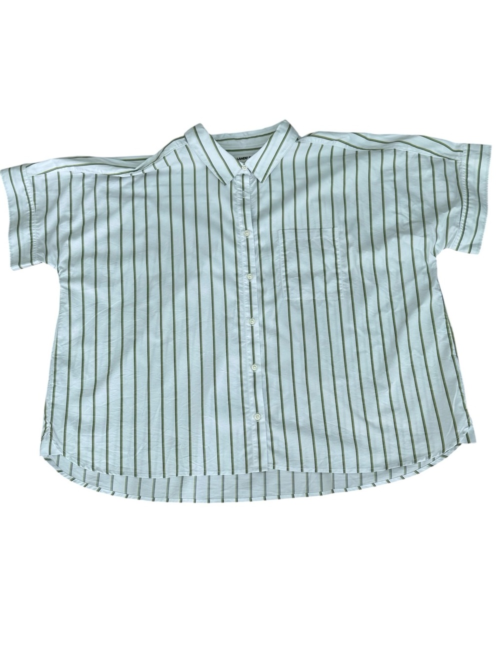 Lands' End Women’s White Short-Sleeve Button-Down with Green Pinstripes. Size 3X
